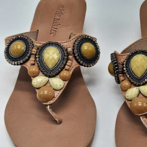Olivia Miller Sandals Shoes Womens Size 7 Tan Beaded Thong Slip On - Picture 4 of 10